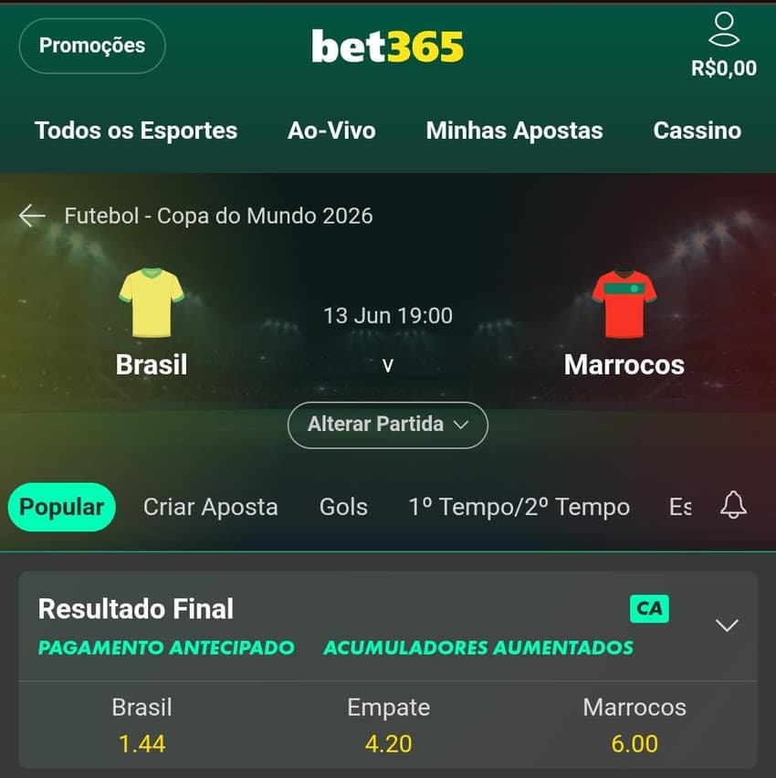 Captura de tela do confronto entre Brasil e Marrocos pela Copa do Mundo 2026 na bet365