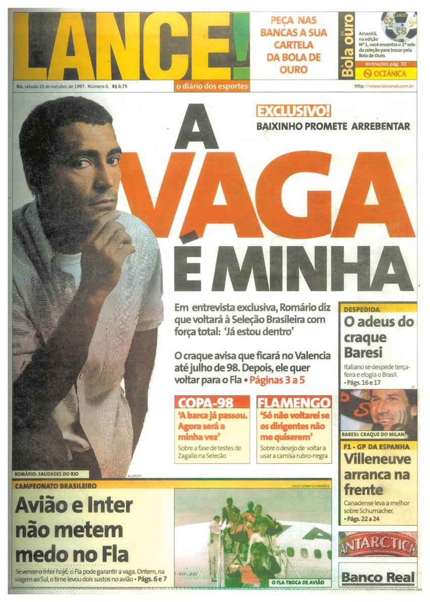 Primeira capa do jornal lance do Rio de Janeiro; 25/10/1997