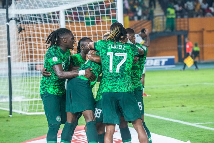 Nigeria team celebrating their goal against Cameroon in action at the 2023 AFCON in Cote D Ivoire. Copyright: xadeniyixM