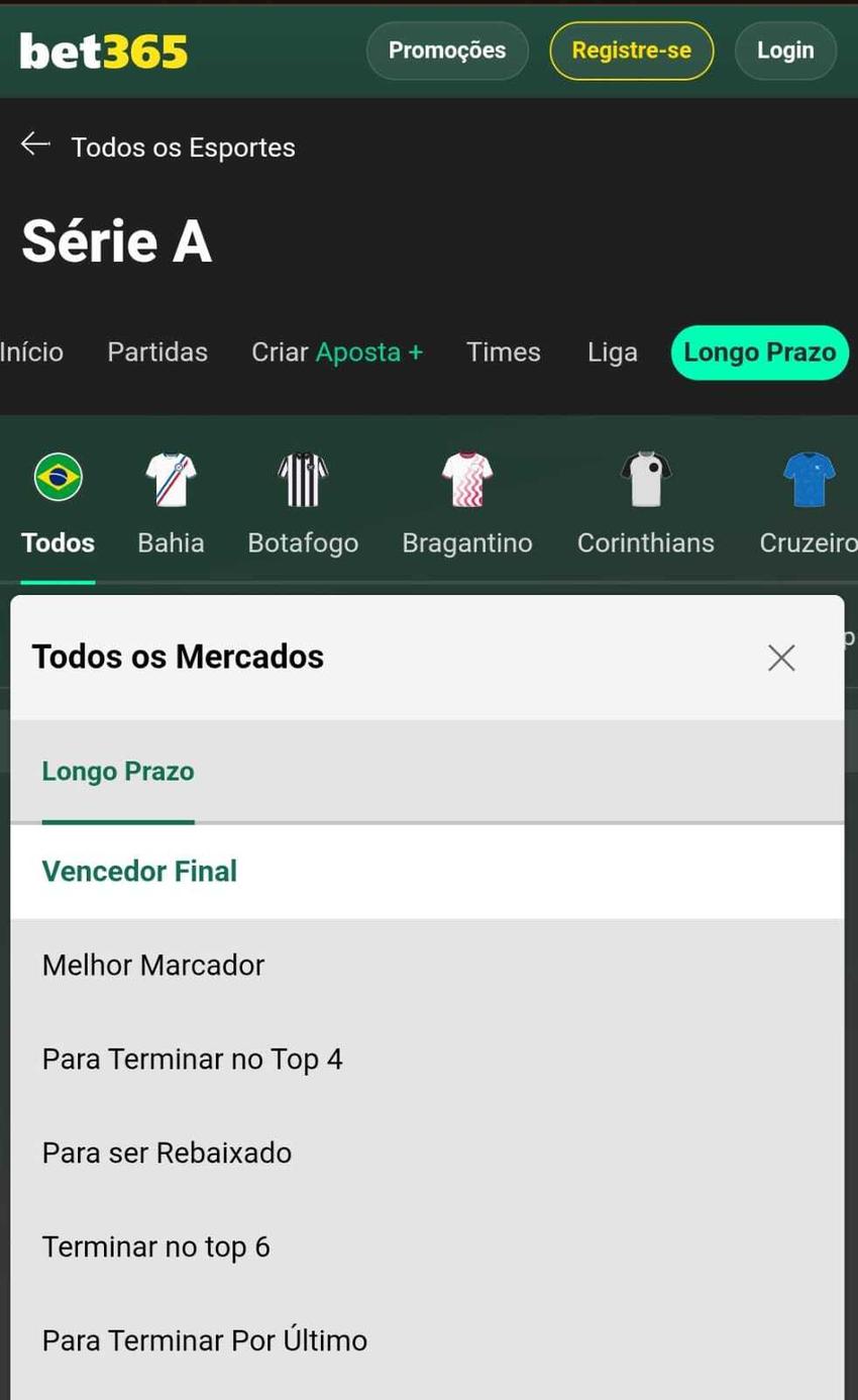 aptura da tela de mercados de longo prazo da bet365 para o Brasileirão 2026.