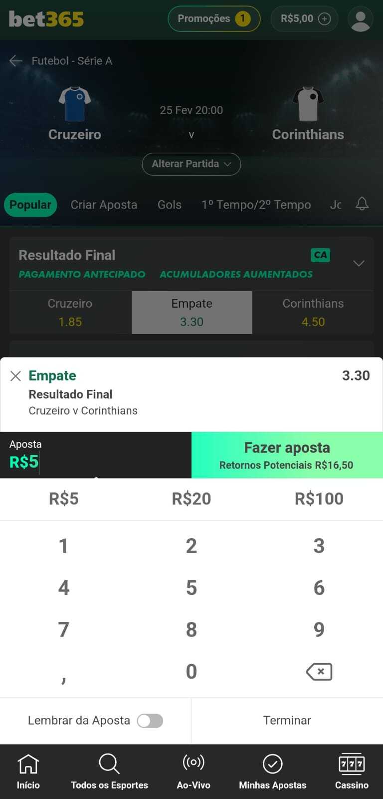 Captura da tela do bilhete de apostas da bet365 no Brasileirão 2026.