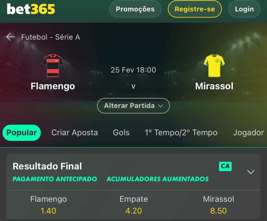 Captura de tela com as odds da bet365 para Flamengo x Mirassol, pelo Brasileirão 2026.