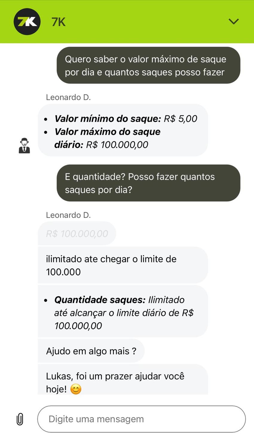 Captura da tela de atendimento via chat ao vivo na Bet7k.