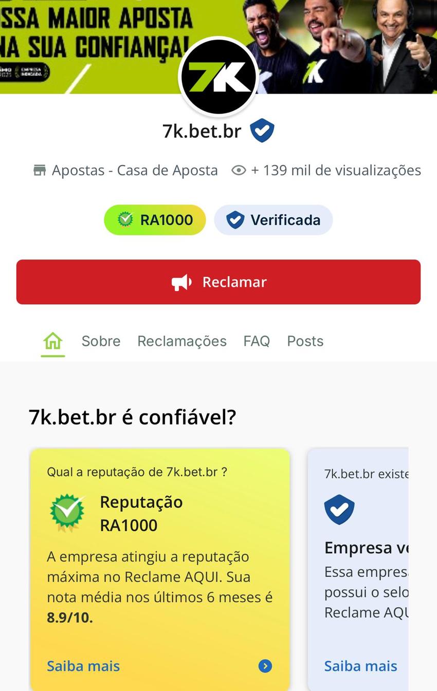 Captura de tela da conta da Bet7k no Reclame Aqui.