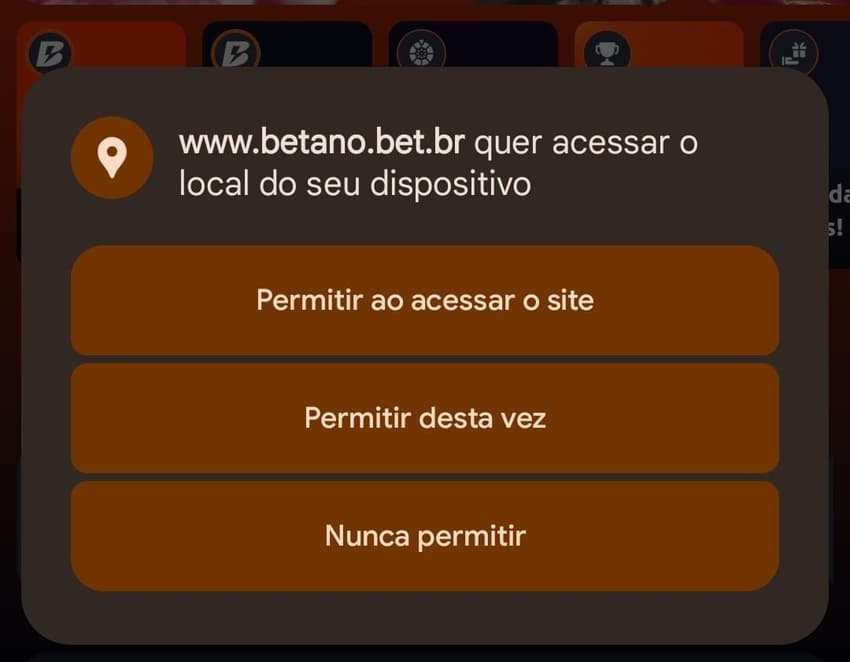 Captura de tela com o pedido de permissão da Betano para consultar local do dispositivo do apostador.