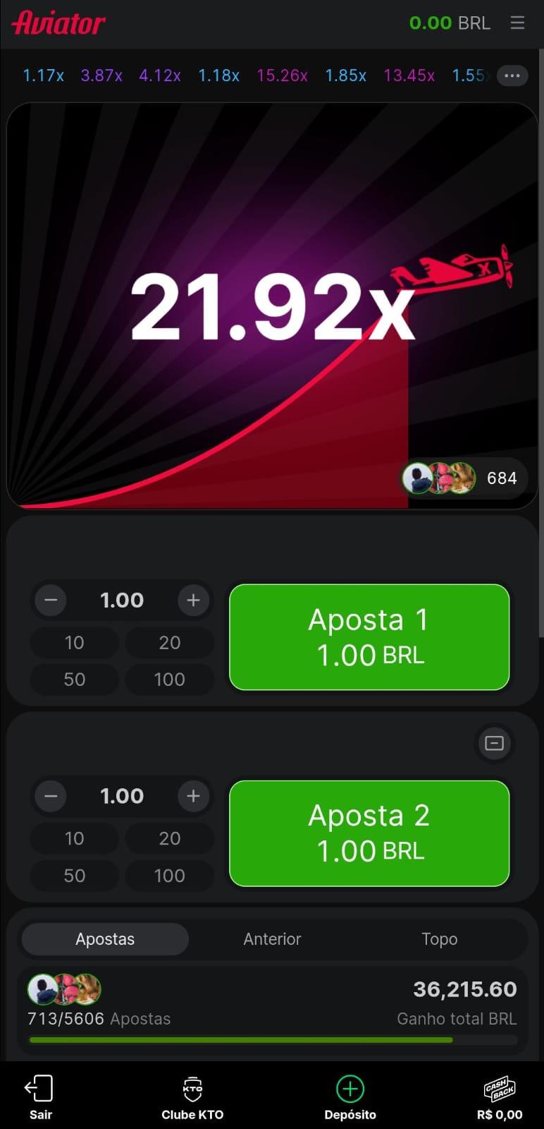 Captura de tela do Aviator KTO