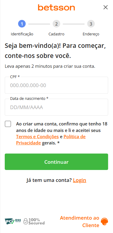 Formulário de cadastro da Betsson solicitando CPF e data de nascimento