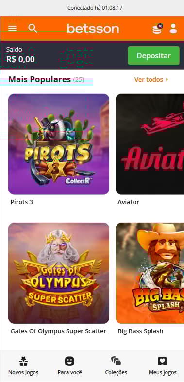 Cassino da Betsson com slots populares como Aviator e Gates of Olympus