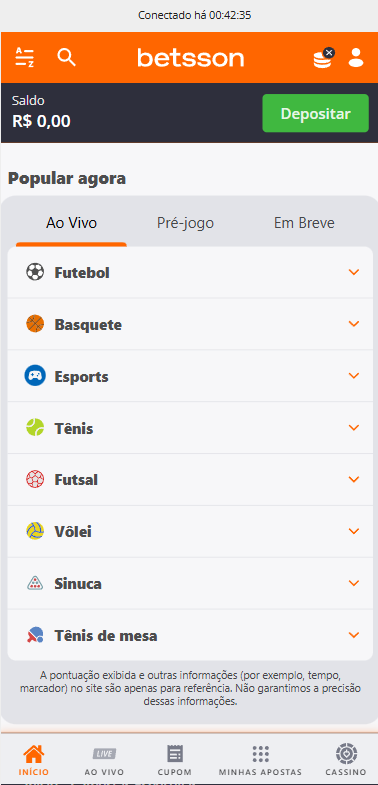 Menu de esportes da Betsson com modalidades como futebol, basquete e esports