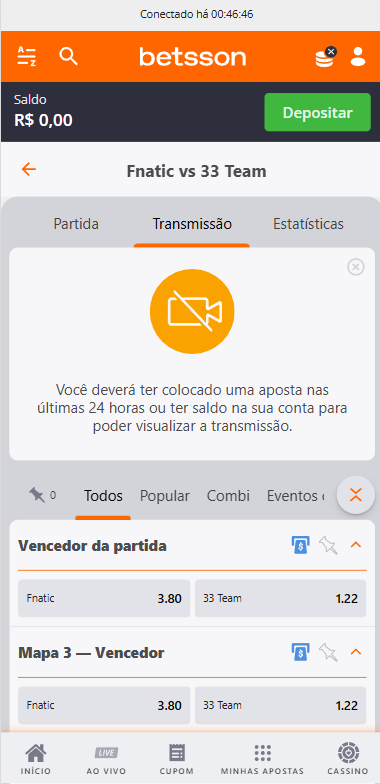 Tela de transmissão ao vivo da Betsson informando requisito de aposta prévia