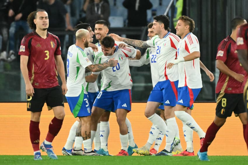 Seleção da Itália comemora gol de Cambiaso contra a Bélgica, pela Liga das Nações (Foto: Alberto Pizzoli/AFP)