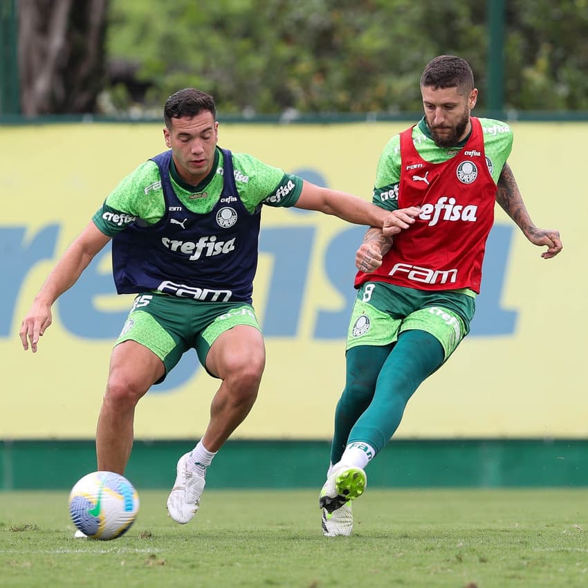 Os jogadores Fabinho e Zé Rafael (D), da SE Palmeiras, durante treinamento, na Academia de Futebol