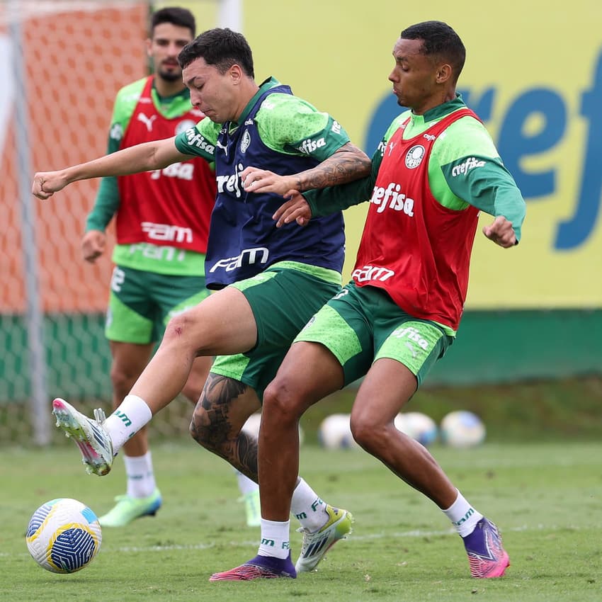 Os jogadores Thalys e Michel (D), da SE Palmeiras, durante treinamento, na Academia de Futebol.