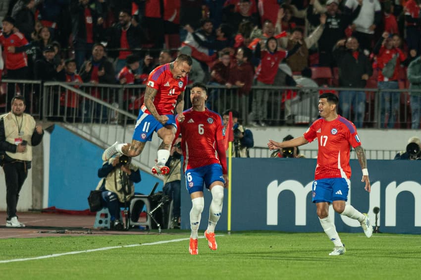 Santiago, Chile. 10th Oct, 2024. SANTIAGO, CHILE &#8211; OCTOBER 10: Eduardo Vargas celebrates after scoring a goal during the FIFA World Cup Qualifiers 2026 match between Chile and Brazil at Nacional Julio Martinez Pradanos Stadium on October 10, 2024 in Santi