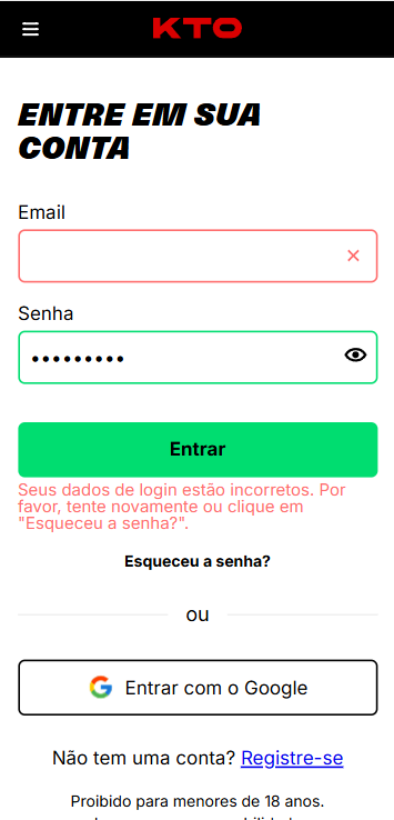 Erro de dados incorretos no login da KTO