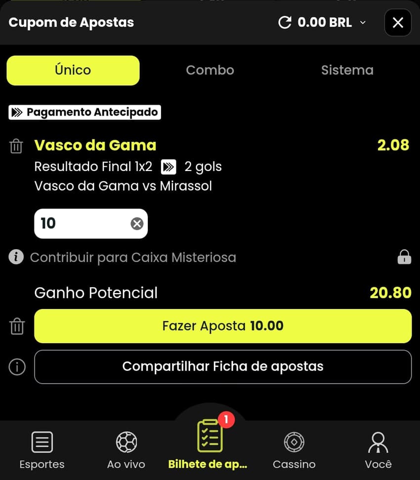 Captura de tela do bilhete de apostas esportivas no app da Bet7k.