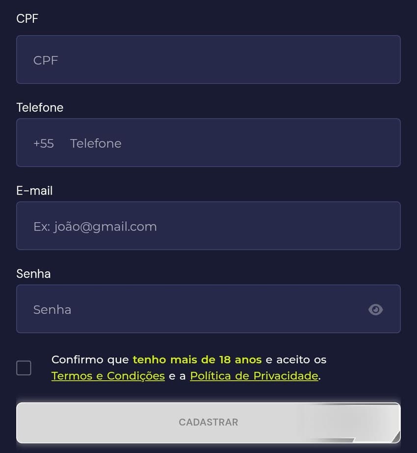 Captura de tela do cadastro da Bet7K.