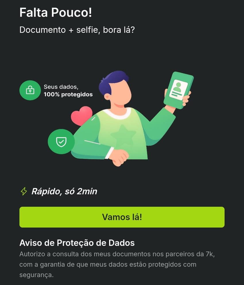 Captura de tela da etapa de verificação depois de realizar o cadastro na Bet7K.