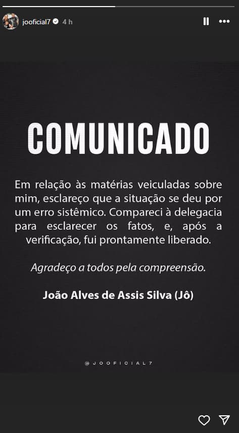 Comunicado do Jô sobre prisão 