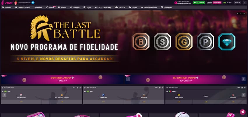 O site da Vbet conta com promoções e diferentes recursos para os jogadores, como o programa de fidelidade | Crédito: Reprodução / VBet Brasil)