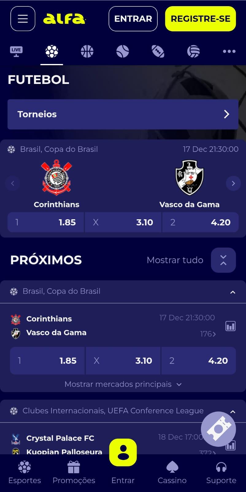 Captura de tela da página de futebol na Alfabet com jogos da Copa do Brasil.