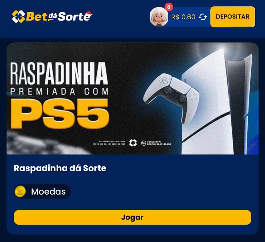 Captura da tela da Raspadinha Premiada da Bet dá Sorte, um site que permite apostar no Mineiro 2026.