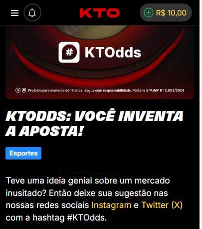 Captura da tela da promoção KTOdds, disponível na KTO, uma casa de apostas no Mineiro 2026.