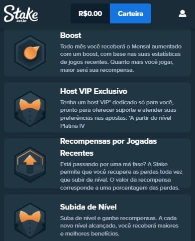 Captura da tela do Clube VIP da Stake, uma casa de apostas no Mineiro 2026.