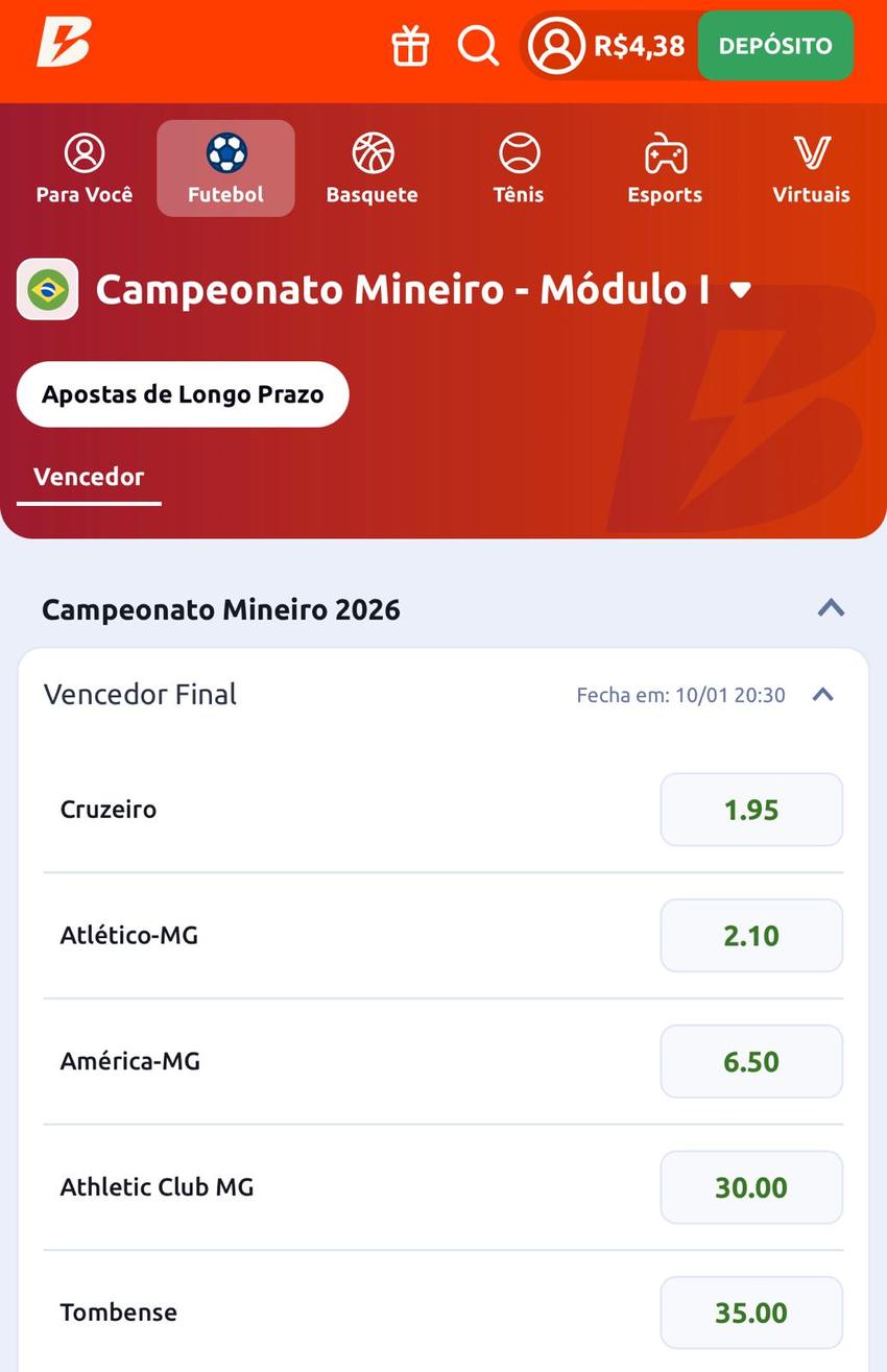 Captura da tela de apostas no Campeonato Mineiro na Betano.