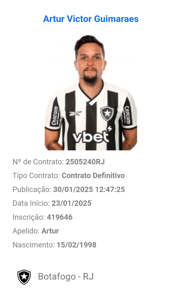 Artur, do Botafogo, apareceu no Boletim Informativo Diário da CBF