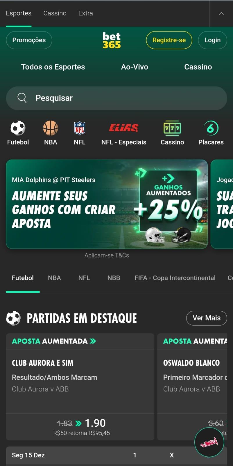 Captura de tela da página inicial da bet365 com partidas em destaque, modalidades esportivas e oferta de ganhos aumentados.