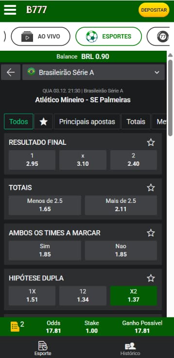 Seleção de hipótese dupla na partida Atlético-MG x Palmeiras na Brazino777