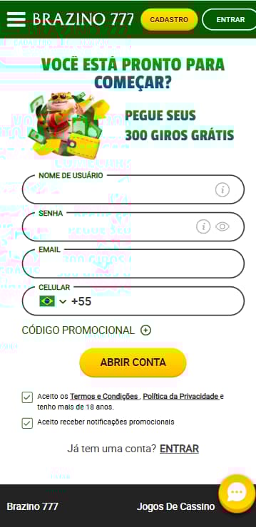 Formulário de cadastro com código promocional Brazino777