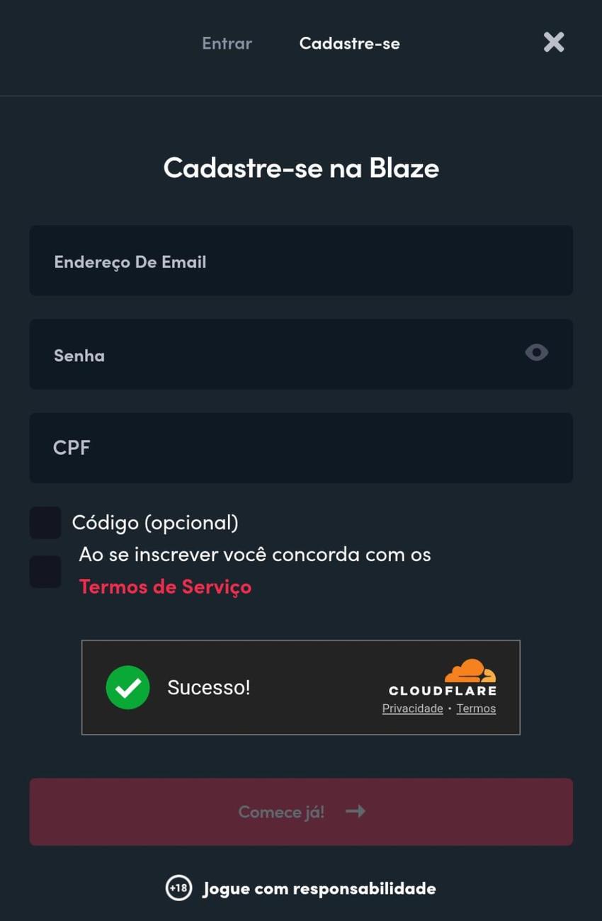Captura de tela do cadastro na Blaze