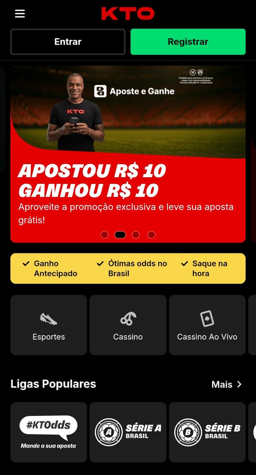  Captura de tela da página inicial da KTO com a oferta Aposte e Ganhe e categorias esportivas.