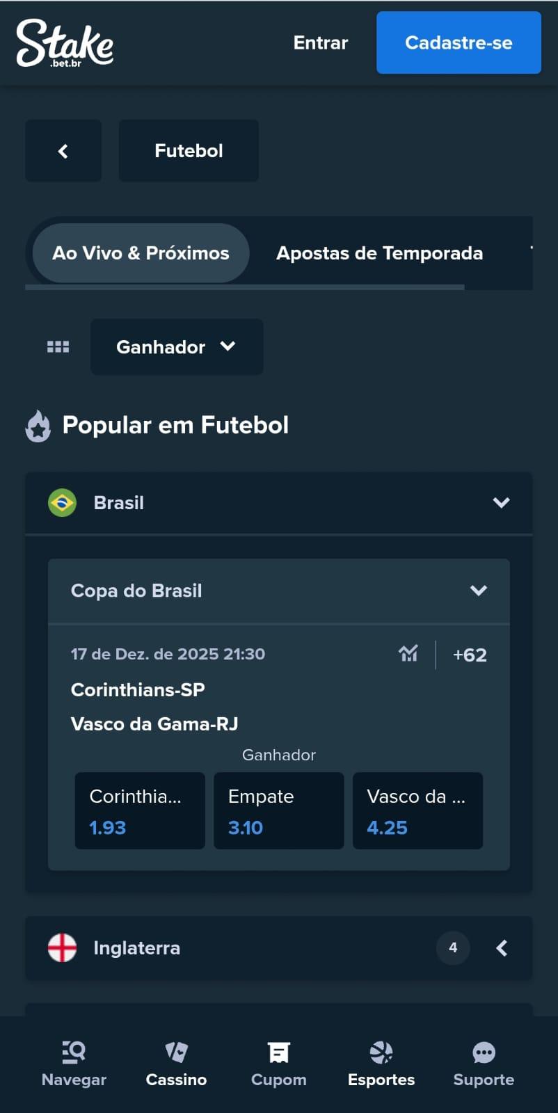 Captura de tela dos jogos populares de futebol disponíveis na Stake.