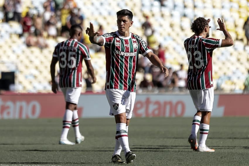 Germán Cano comemora gol marcado na vitória do Fluminense sobre o Nova Iguaçu, pelo Campeonato Carioca