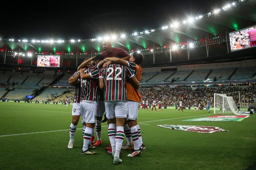 Jogadores do Fluminense celebram gol contra Bangu antes de jogo da Copa do Brasil