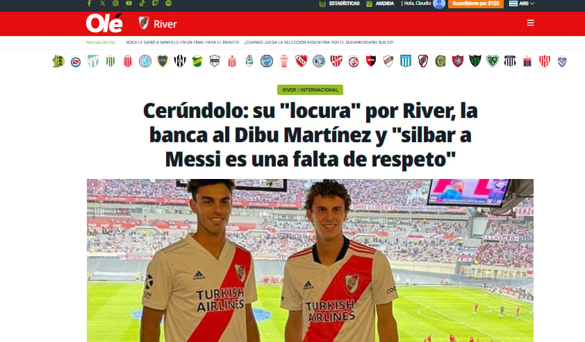 Ole estampa Francisco Cerúndulo com a camisa do River Plate (reprodução) 