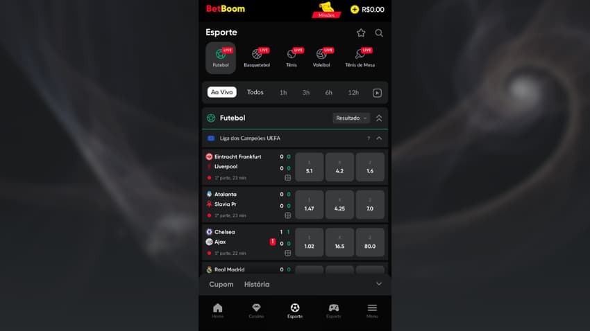 Captura da tela de esportes na Betboom.