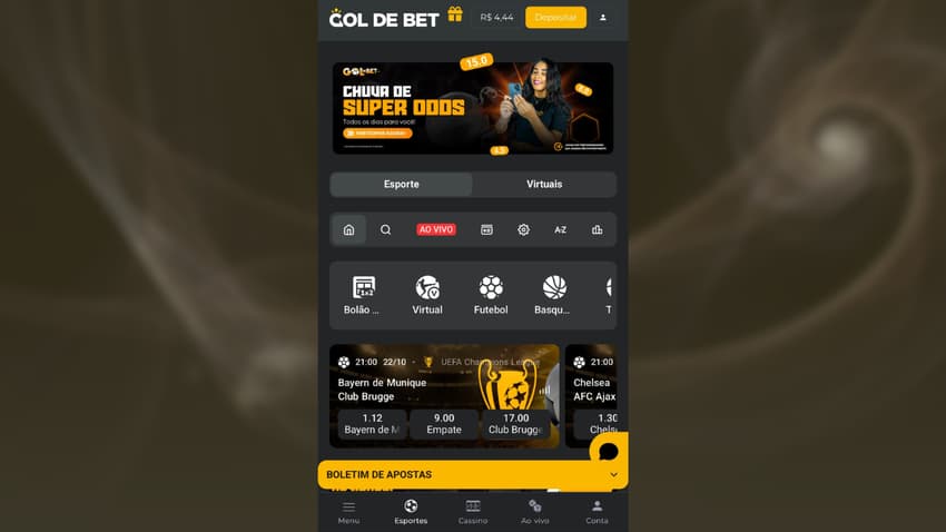 Captura da tela de esportes da Gol de Bet.