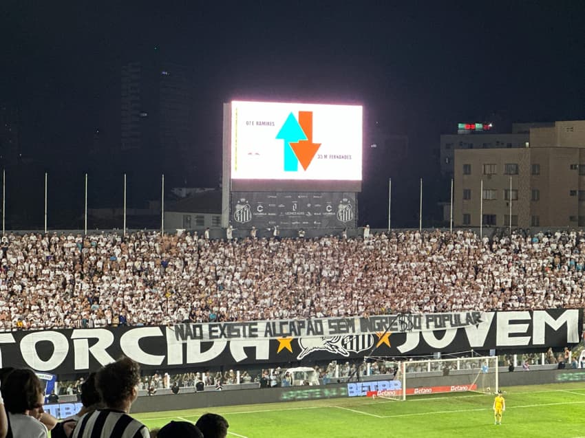 Torcida Jovem protesta durante jogo do Santos com a faixa &quot;Não existe alçapão sem ingresso popular&quot; (Foto: Juliana Yamaoka)