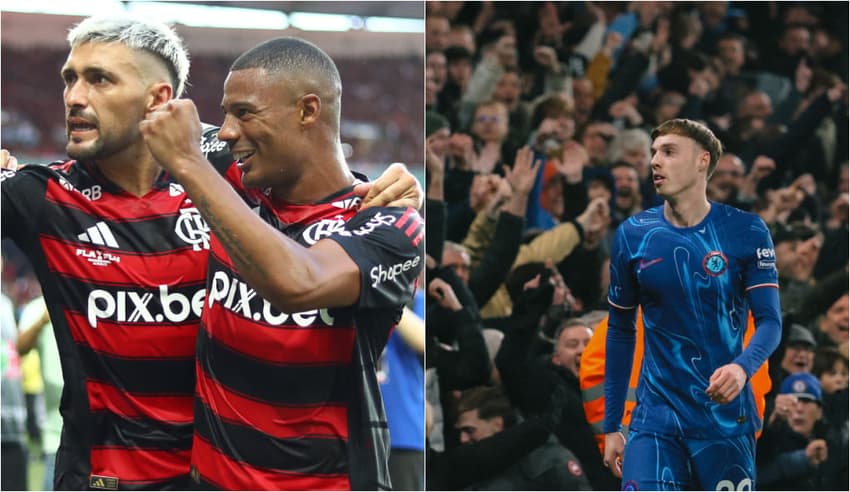 Arrascaeta e De La Cruz comemorando gol pelo Flamengo/Cole Palmer em ação pelo Chelsea