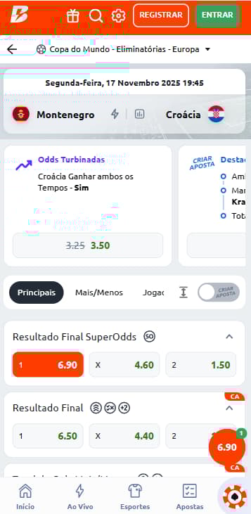 Resultado Final com Superodds na partida Montenegro x Croácia