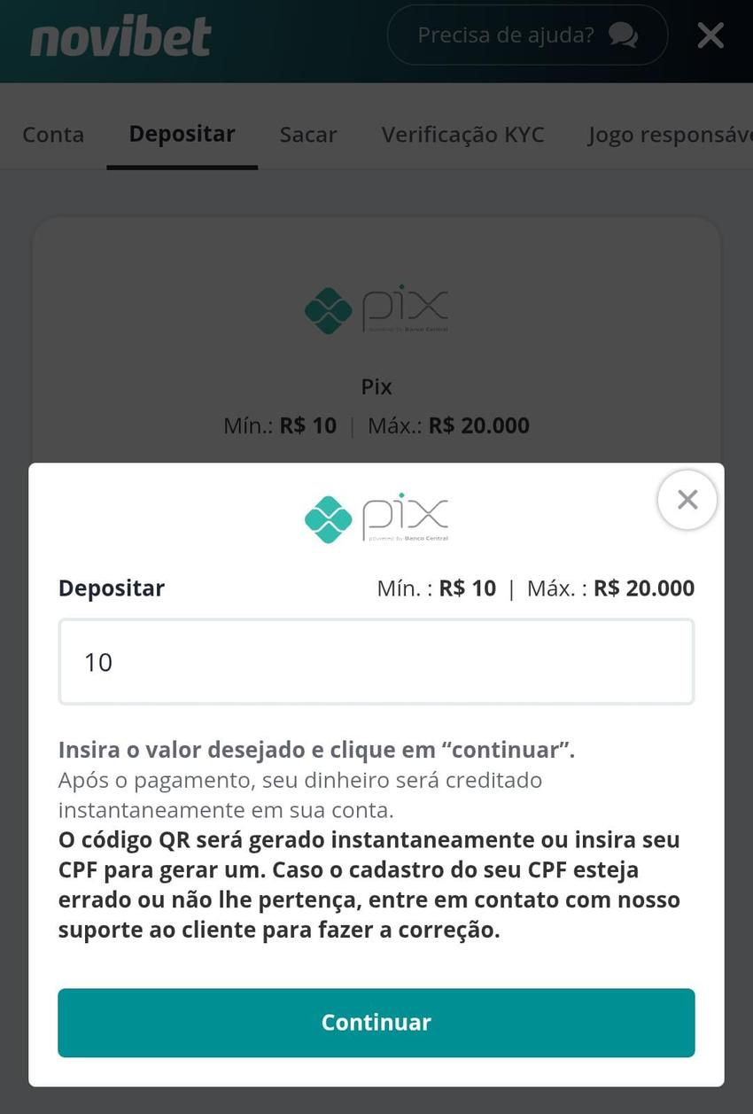Captura de tela do depósito via Pix Novibet