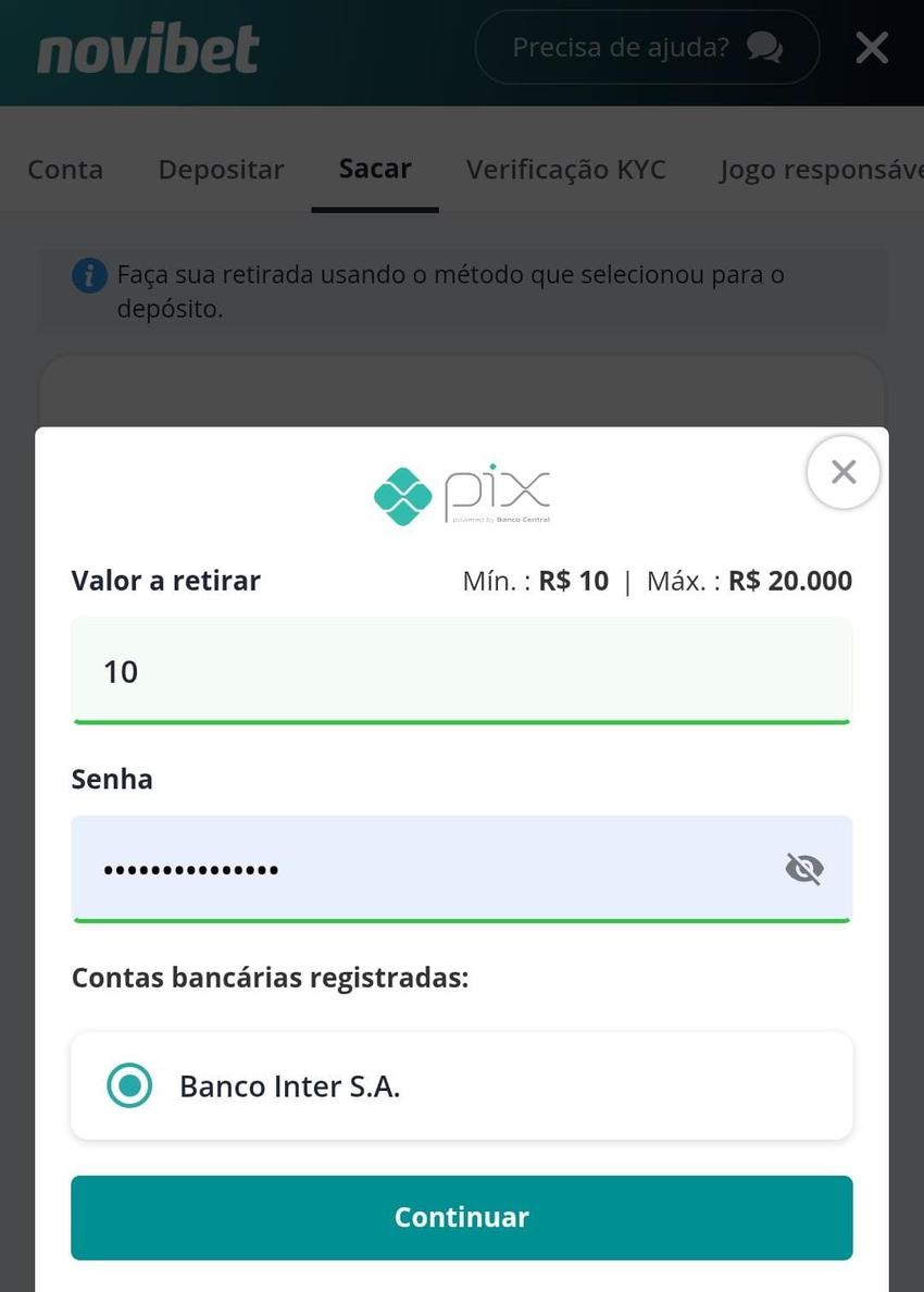 Captura de tela do saque via Pix Novibet