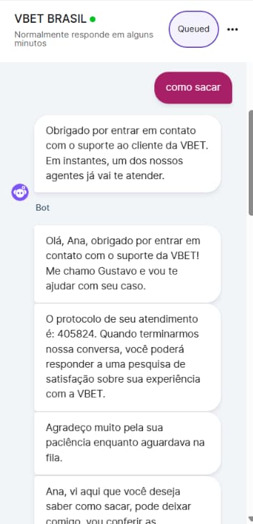 Atendimento via chat ao vivo do suporte da Vbet