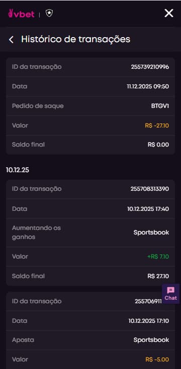Histórico de transações e saques no app da Vbet