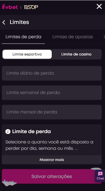 Tela de limites de apostas e perdas no app da Vbet