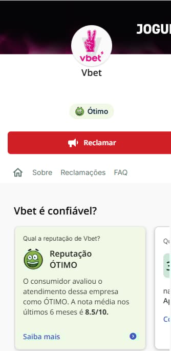 Página do Reclame Aqui da Vbet com reputação ótima